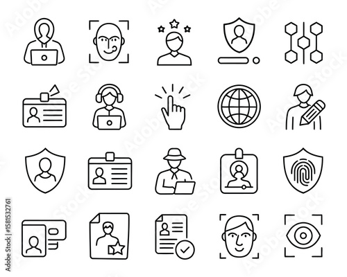 Digital Identity & Security Icons - Biometric, Fingerprint, Face Recognition, Authentication, Cybersecurity, ID Verification Vector Set - Adjustable Line Weight