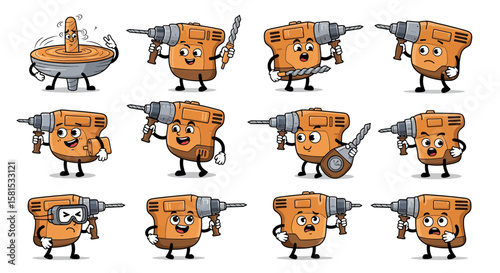 Collection of cartoon power drills and tools with expressive faces