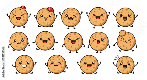 Set of happy and playful cookie characters with expressive faces