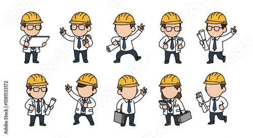 Construction workers wearing safety helmets holding blueprints and tools