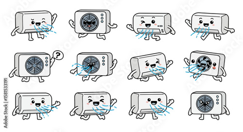 Set of animated air conditioning unit characters with expressive faces