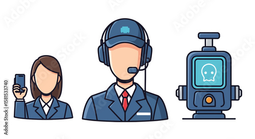 Customer service representatives with a robot assistant in office setting