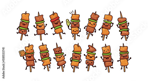 Cute animated skewers with faces and various expressions for food themes