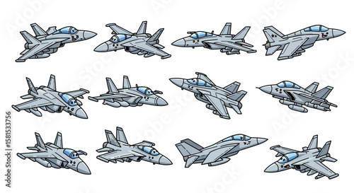 Set of cartoon fighter jets with facial features for children or games