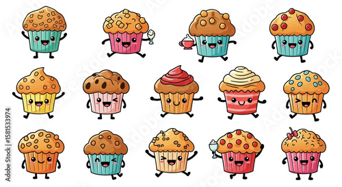 Cute animated cupcakes with happy faces in various flavors