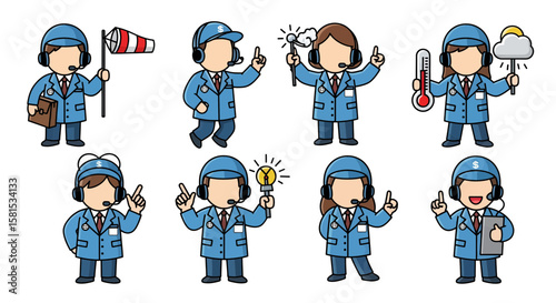 Group of office workers with headsets and communication devices