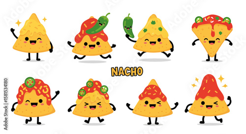 Cute nacho characters with toppings and expressive faces