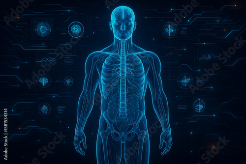 AI generated full body male anatomy with glowing skeleton nerves and digital HUD showing real time biometric diagnostics in sci fi medical environment