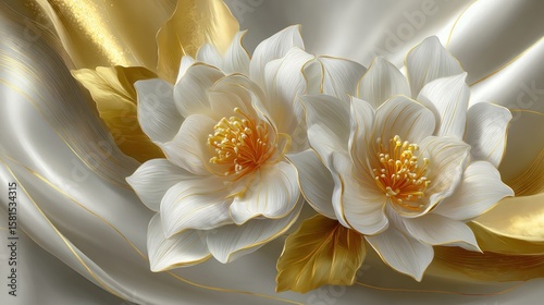 Two ornate white flowers with gold accents on a flowing fabric background.