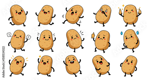 Set of animated potatoes with various expressions and poses