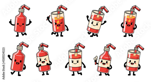 happy animated soda bottle and glass characters in playful poses