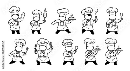 Set of chef characters with various cooking and serving actions