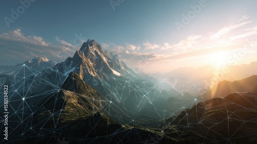Majestic Mountain Range with Abstract Network Connections at Sunrise