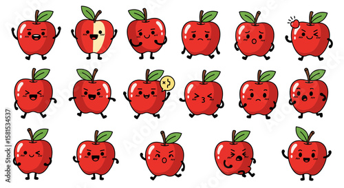 Set of happy and expressive apple characters with various emotions