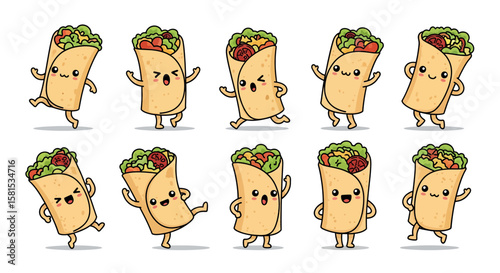 Cute animated burrito characters with facial expressions and poses