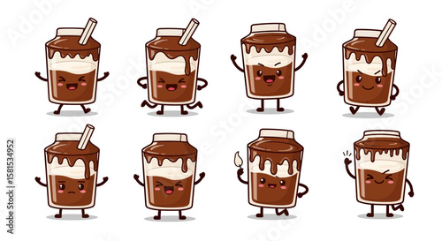 Set of cartoon chocolate milkshake characters with expressive faces
