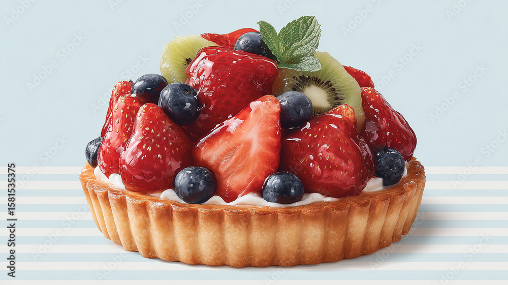 Fruit Tart with Berries and Kiwi on Blue and White Stripe Background Fruit Tart with Berries and Kiwi on Blue and White Stripe Background