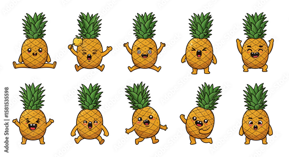 Fototapeta premium Collection of cartoon pineapples with expressive faces and playful poses