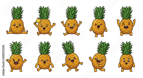 Collection of cartoon pineapples with expressive faces and playful poses