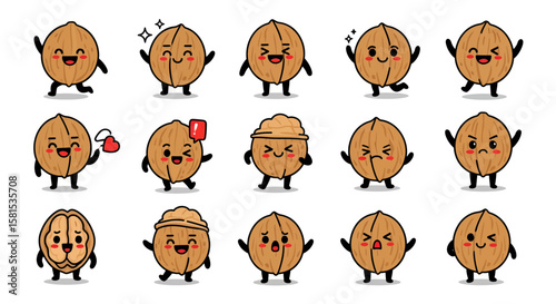 Set of expressive walnut character faces showing various emotions