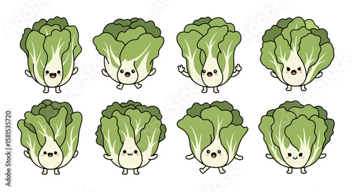 Set of cute leafy vegetable characters with smiling faces and playful poses for food-themed designs