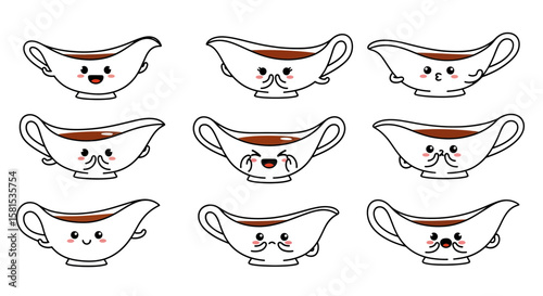 Cute teacup characters with various facial expressions and gestures