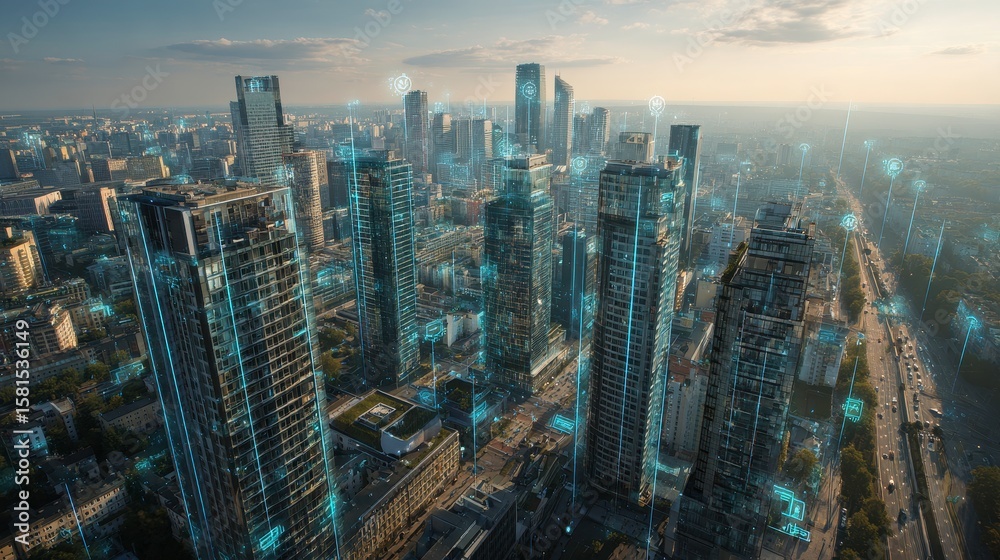 Obraz premium Futuristic Cityscape with Digital Technology and Urban Development
