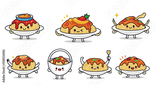 Cute pasta characters enjoying various toppings and accessories