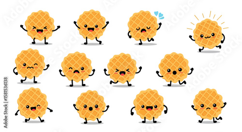 Cute waffle character set with various expressions and poses for food branding
