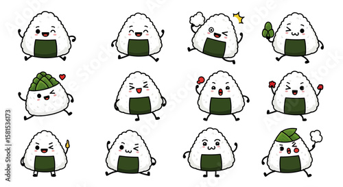 Set of cute rice ball characters with various expressions and poses