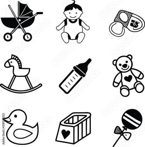 Baby carriage baby bottle teddy bear rocking horse duck bathtub lollipop vector