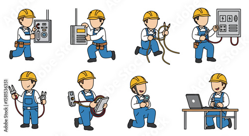 workers in safety gear repairing electrical panels and equipment