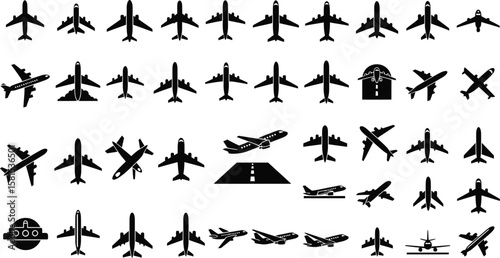 Black airplane silhouettes on white background depict transportation