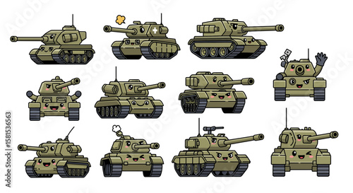 Cute animated tanks with cartoon faces and expressions