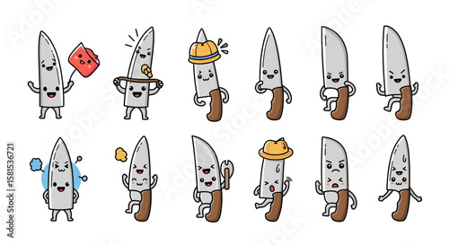 Set of animated kitchen knives with various facial expressions and accessories