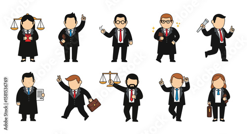 Businesspeople in formal attire with briefcases and scales