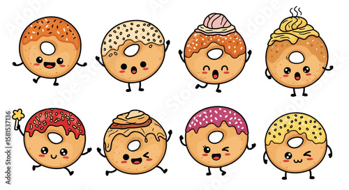 Collection of cute cartoon donuts with facial expressions for branding
