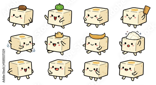 Cute tofu character with various expressions and accessories for creative projects