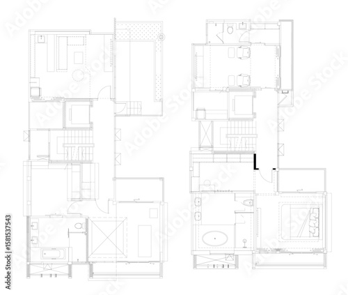 2D Vector Drawing of Two-Storey House – Furniture Layout Plan for Living Area, Pantry, and Bathroom