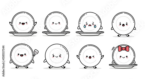 Cute round dish character with expressive faces in playful poses