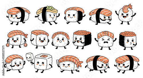 Set of sushi characters with expressive poses and expressions for branding or animation