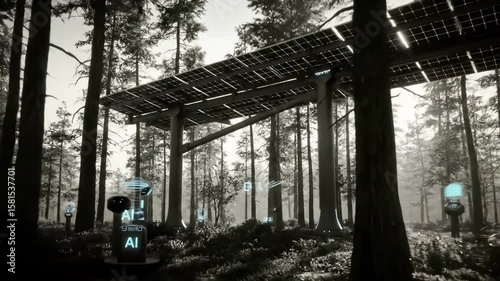 Wooden solar bridge in a misty forest