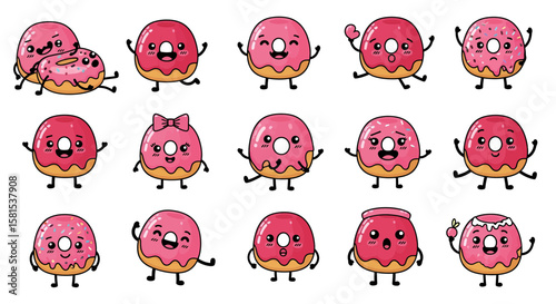 Cute pink donut characters with various expressions and accessories