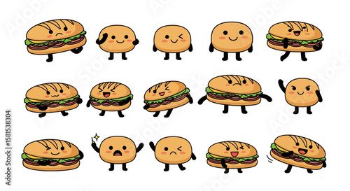 Cute animated sandwich characters with expressive faces and limbs