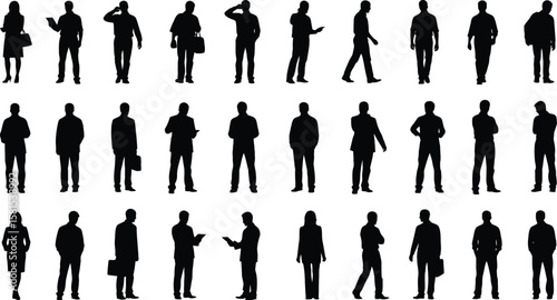 Diverse silhouettes of business people in various poses appear