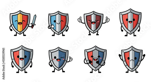 Cute shield characters with expressive faces in various poses