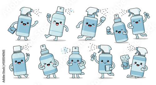 Set of cartoon cleaning spray bottles with cheerful expressions