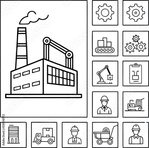Factory building with smokestack and industrial elements vector