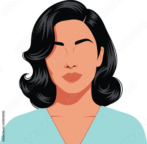 Elegant woman illustration with classic hairstyle on a pastel background.