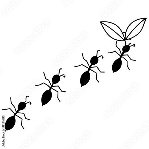 group of tiny ants carrying leaves on white background